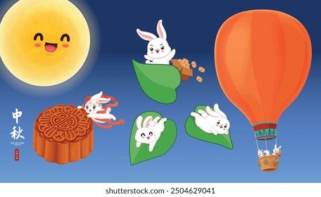 Vintage Mid Autumn Festival poster design with rabbit moon cake lantern  character. Translation: Happy Mid Autumn Festival, Fifteen of August.