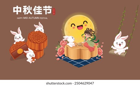 Vintage Mid Autumn Festival poster design Chinese Goddess of Moon, rabbit character. Translation: Mid Autumn Festival, Fifteen of August.