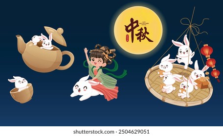 Vintage Mid Autumn Festival poster design Chinese Goddess of Moon, rabbit character. Translation: Mid Autumn Festival, Fifteen of August.