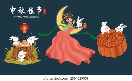 Vintage Mid Autumn Festival poster design Chinese Goddess of Moon, rabbit character. Translation: Mid Autumn Festival, Fifteen of August.