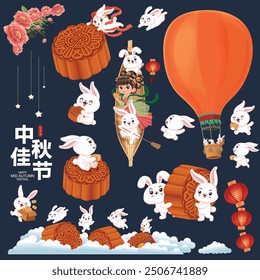 Vintage Mid Autumn Festival poster design Chinese Goddess of Moon, rabbit character. Translation: Mid Autumn Festival, Fifteen of August.