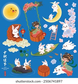 Vintage Mid Autumn Festival poster design Chinese Goddess of Moon, rabbit character. Translation: Mid Autumn Festival, Fifteen of August.