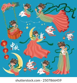 Vintage Mid Autumn Festival poster design Chinese Goddess of Moon, rabbit character. Translation: Mid Autumn Festival, Fifteen of August.