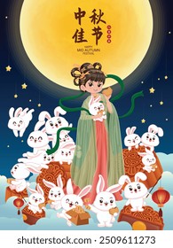 Vintage Mid Autumn Festival cartaz design Deusa chinesa da Lua, personagem de coelho. Tradução: Festival de outono, Quinze de agosto.