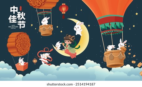 Vintage Mid Autumn Festival cartaz design Deusa chinesa da Lua, personagem de coelho. Tradução: Festival de outono, Quinze de agosto.