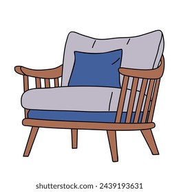 Vintage mid century modern armchair, soft furniture with dusty blue upholstery and wooden base. Retro 60s, 70s interior design element. Vector illustration on white background. Not AI generated