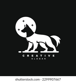 Vintage midnight howling wolf with moon and star logo design