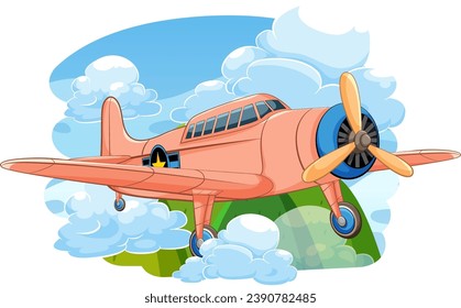 A vintage military aircraft is flying in the sky with a mountain background in a vector cartoon illustration style