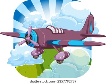 A vintage military aircraft is seen flying in the sky with a mountain background in a vector cartoon illustration style