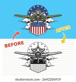 Vintage military airplane over a star spangled emblem with American flag colors, designed for Patriot Day tribute and national pride themes