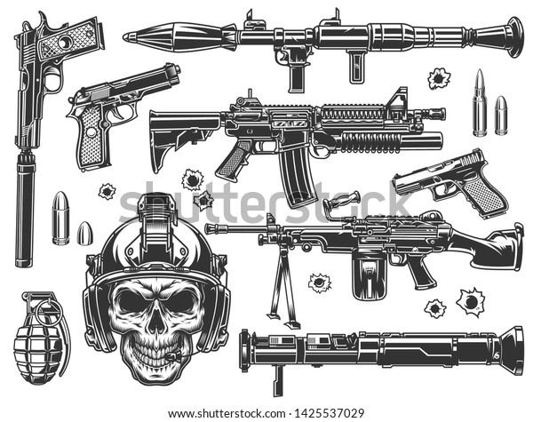 Vintage military and army elements set with\
automatic assault rifles grenade rocket launcher bazooka pistols\
skull in soldier helmet bullets and bullet holes isolated vector\
illustration
