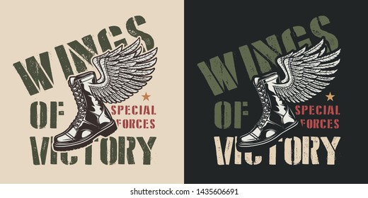 Vintage military colorful logo with soldier winged boot isolated vector illustration