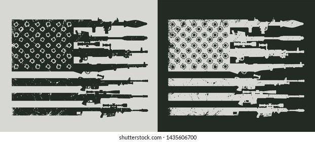 Vintage military concept with rocket launcer assault and sniper rifles bullet holes in shape of american flag vector illustration