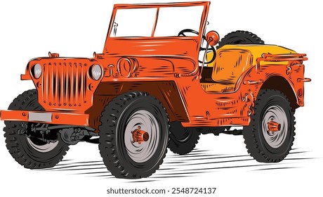 Vintage Military Jeep. A high-quality vector illustration featuring a detailed depiction of a classic military jeep. Perfect for projects related to vintage military vehicles, history, and warfare.