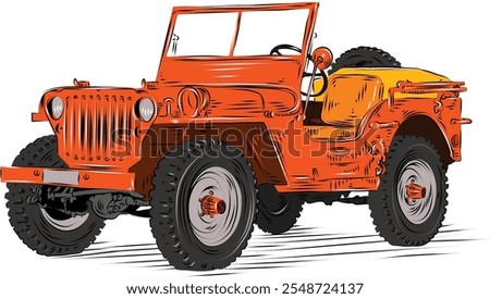 Vintage Military Jeep. A high-quality vector illustration featuring a detailed depiction of a classic military jeep. Perfect for projects related to vintage military vehicles, history, and warfare.