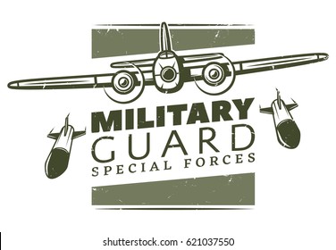 Vintage military logotype template with inscription and heavy bomber dropped bombs isolated vector illustration