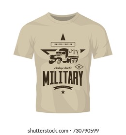 Vintage military truck vector logo isolated on brown t-shirt mock up. Premium quality vehicle logotype tee-shirt emblem illustration. American off-road car street wear superior retro tee print design.