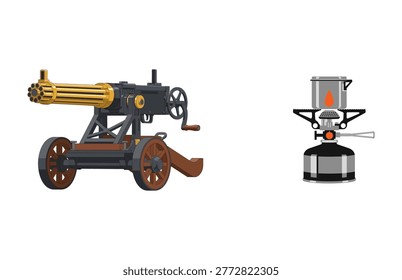 Vintage military vector set containing gatling gun and portable camping stove.