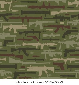 Vintage military weapons seamless pattern with rocket launcher bazooka automatic and sniper rifles knife pistols machine gun on green background vector illustration