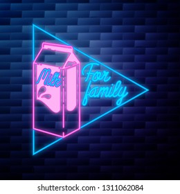 Vintage Milk emblem glowing neon sign on brick wall background