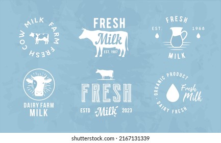 Vintage Milk logo templates and 6 design elements for dairy business. Dairy, milk emblems templates. Cow silhouettes. Vector illustration