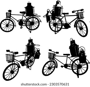 Vintage Milkman Delight Silhouette Vector Clipart Set of Old Retro Milkman Cycles with Milk Containers