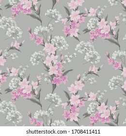 Vintage Mille-Fleurs Wallpaper seamless pattern in vector, fashion garment, boho style, half displaced repeat