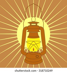 Vintage mine kerosene lamp over yellow sunrise rays. Element for your design, safety posters and other industrial projects.