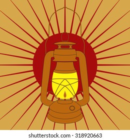 Vintage mine kerosene lamp over yellow red sunrise rays. Element for your design, safety posters and other industrial projects.