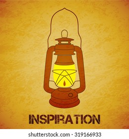 Vintage mine kerosene lantern over yellow grunge background. Element for your design, posters and other industrial projects.