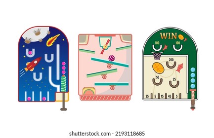 Vintage mini mate handheld pinball game space background and basketball background. Roller ball handheld Toy. box with ball toy reflection. flat design cartoon concept. Vector, illustration.