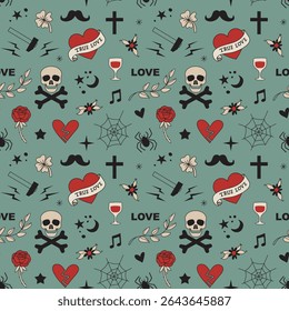 Vintage mini tattoo pattern with small different elements of body painting. Flowers, web, spider, cross, skull, bones, hammer, sparks, broken heart, ribbon, clover, mustache handlebar, glass, love