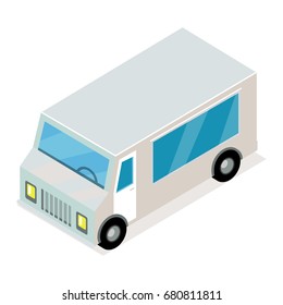 Vintage minibus isometric projection icon. Angular grey van isometric projection vector isolated on white background. Commercial transport vehicle 3d model for applications or game environment design