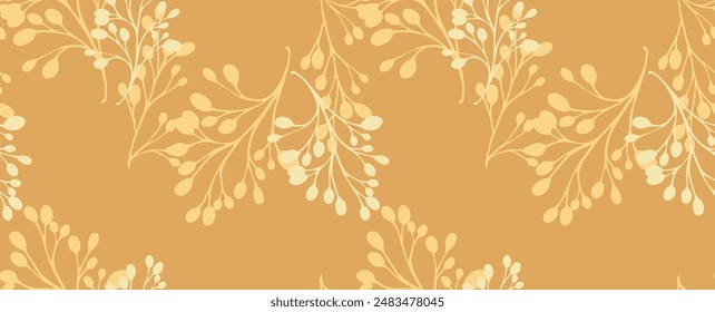 Patrón mínimo de Antiguas con ramas de Formas sobre fondo amarillo. Vector dibujo a mano boceto. Subgrupos florales abstractos simples entrelazados en un estampado sin fisuras. Diseño para moda, tela, textil