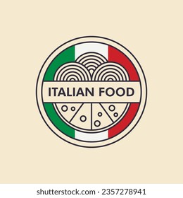 Diseño del logo de la tienda de comida italiana minimalista con ícono de pizza y fideos. Logo de emblema de época