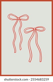Vintage minimalist poster with red hand drawn bows. Vector illustration of outline ribbons. Greeting card in retro coquette aesthetic