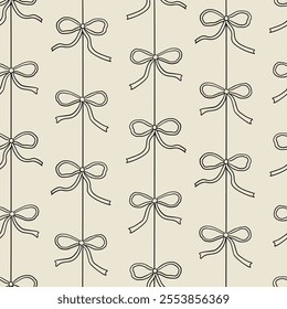 Vintage minimalist seamless pattern with quirky hand drawn bows. Vector outline elegant background in retro coquette aesthetic