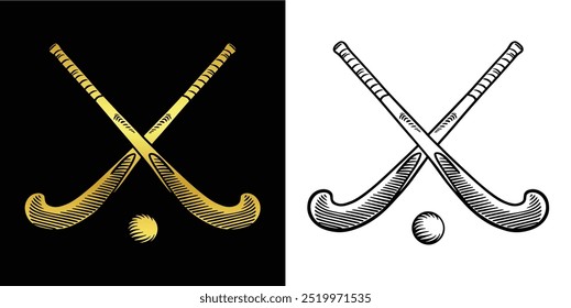 Vintage Minimalist Sports Logo Design Of Two Field Hockey Sticks Crossed With Ball Below - Gold Gradient Flat Vector Illustration Silhouette Icons On Black And White Background