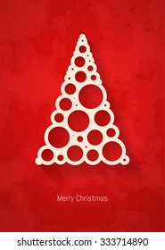 Vintage minimalistic Merry christmas card with christmas tree made of christmas balls and long shadow, vector illustration.