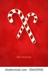 Vintage minimalistic Merry christmas card with Christmas candy canes and long shadow, vector illustration.