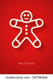 Vintage minimalistic Merry christmas card with Gingerbread man long shadow, vector illustration.