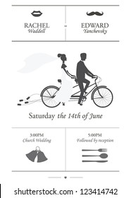 Vintage minimalistic wedding invitation with bride and groom riding tandem bicycle dragging cans