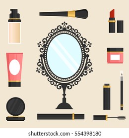 vintage mirror with accessories makeup vector