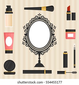 vintage mirror with accessories makeup vector on the background with lines