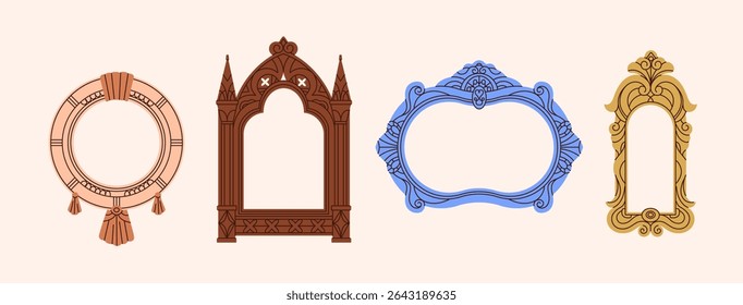 Vintage mirror borders set. Ornate gold frames different shapes, antique decorations. Empty medieval ornamented forms for paintings, photos in baroque style. Flat isolated vector illustrations