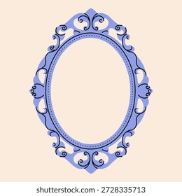 Vintage mirror frame. Antique empty photo frame with ornaments, retro baroque rococo decorative border, modern elegant oval mirror flat cartoon style. Vector isolated illustration.