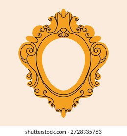 Vintage mirror frame. Antique empty photo frame with ornaments, modern retro baroque rococo decorative border, elegant golden mirror flat cartoon style. Vector isolated illustration.