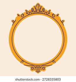 Vintage mirror frame. Antique empty photo frame with ornaments, retro baroque rococo decorative border, modern elegant round mirror flat cartoon style. Vector isolated illustration.