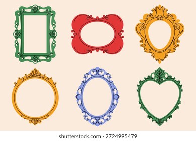 Marcos espejo de Antiguas. Antiguo marco de fotos vacío con adornos, moderno barroco retro rococó decorativo bordea diferentes Formas, elegantes espejos de estilo plano. Conjunto aislado de Vector.