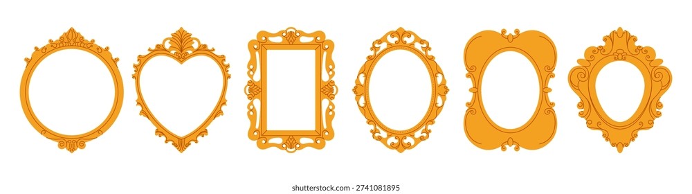Vintage mirror frames. Old antique decorative borders, ornate baroque filigree picture frame silhouettes, cartoon elegant gold luxury interior elements. Vector isolated flat set.
